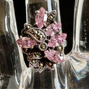 925 Marcasite and pink Rhinestone Sterling Silver Cocktail Ring Size 7.25